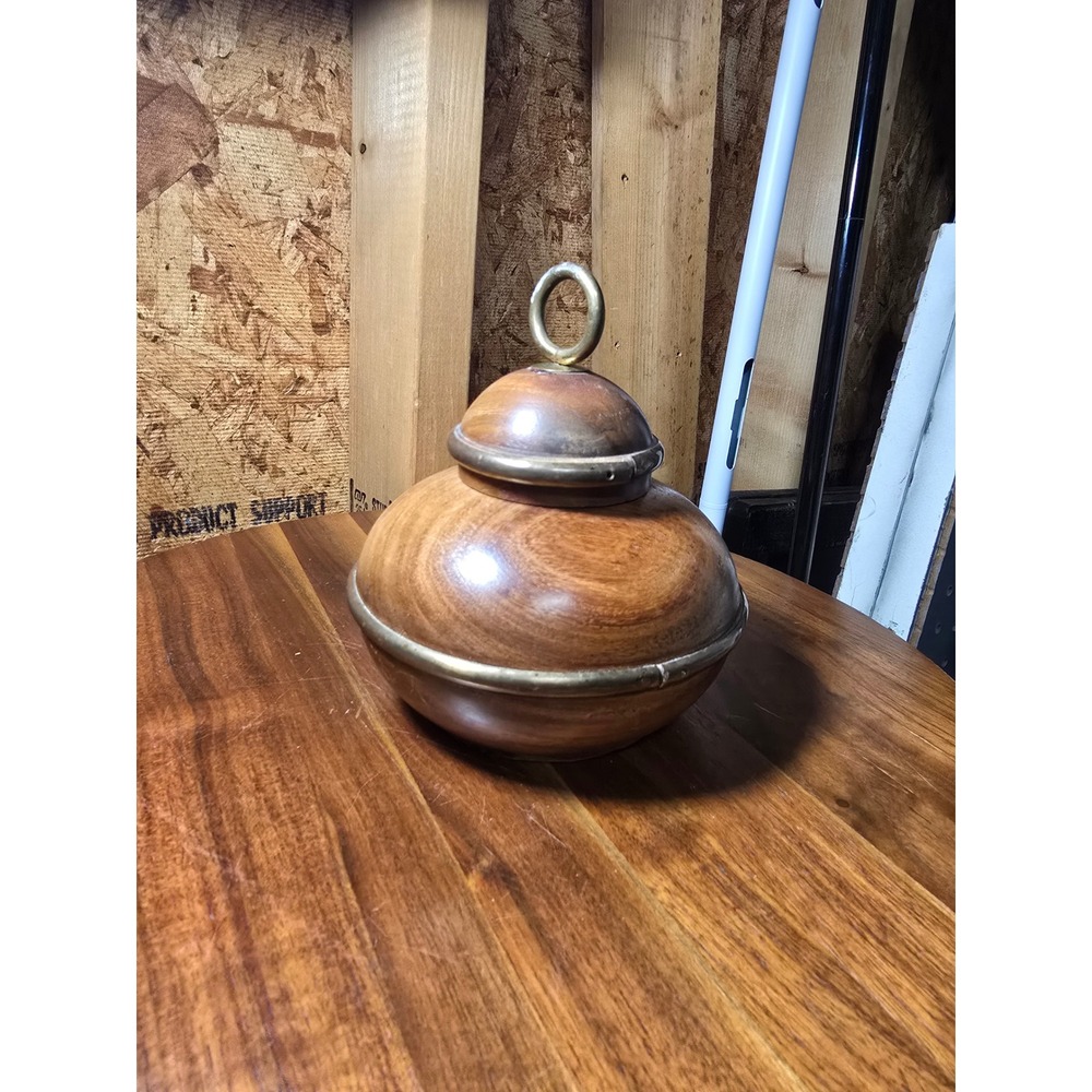 Vintage Handcrafted Wood Ginger Jar Trinket Bowl with Brass Inlay and Ring Lid